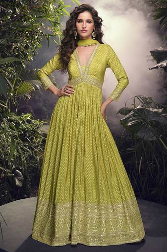 Pear viscose jacquard silk readymade gown with embroidered net dupatta