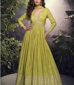 Pear viscose jacquard silk readymade gown with embroidered net dupatta