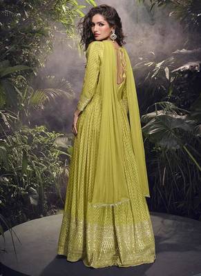 Pear viscose jacquard silk readymade gown with embroidered net dupatta 3
