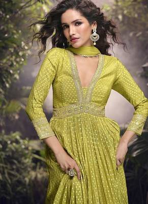 Pear viscose jacquard silk readymade gown with embroidered net dupatta 4