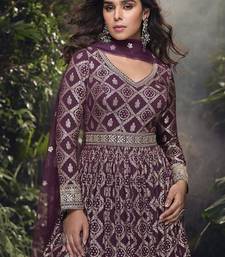Wine viscose jacquard silk readymade gown with embroidered net dupatta