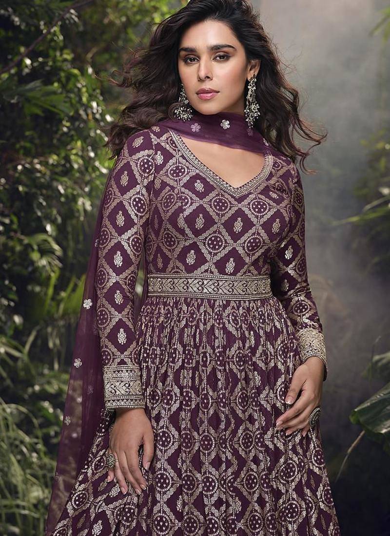 Wine viscose jacquard silk readymade gown with embroidered net dupatta