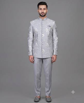 Powder blue floral embroidered bandhgala suit for men 1