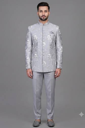 Powder blue floral embroidered bandhgala suit for men