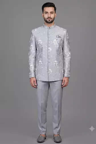 Powder blue floral embroidered bandhgala suit for men