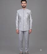 Powder blue floral embroidered bandhgala suit for men