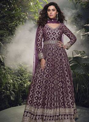 Wine viscose jacquard silk readymade gown with embroidered net dupatta 1