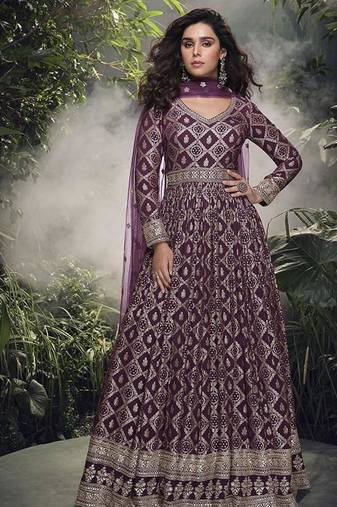 Wine viscose jacquard silk readymade gown with embroidered net dupatta