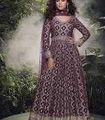 Wine viscose jacquard silk readymade gown with embroidered net dupatta