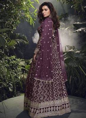 Wine viscose jacquard silk readymade gown with embroidered net dupatta 3