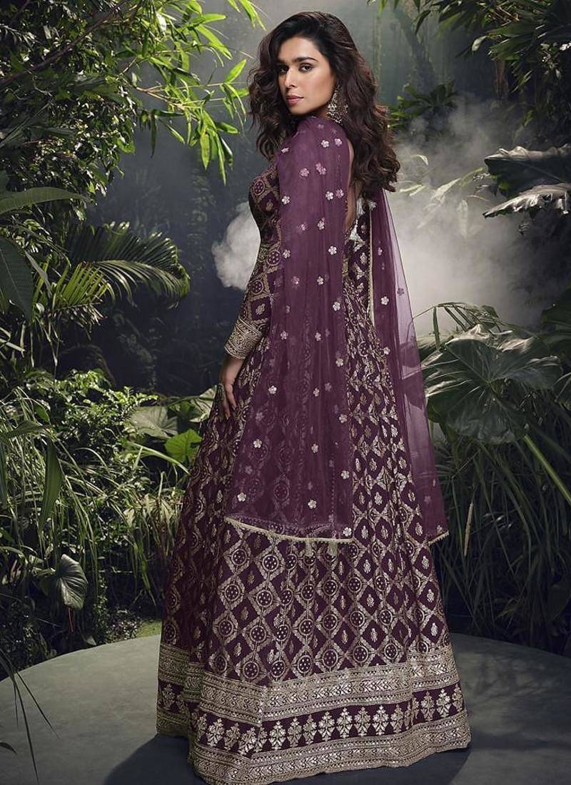 Wine viscose jacquard silk readymade gown with embroidered net dupatta
