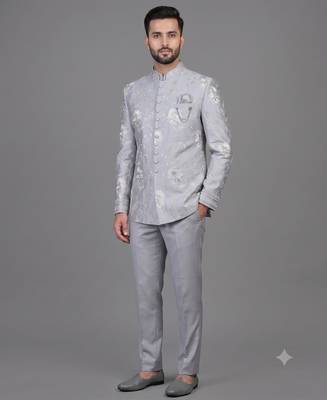 Powder blue floral embroidered bandhgala suit for men 2
