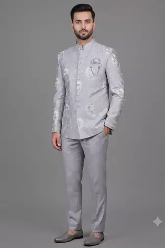 Powder blue floral embroidered bandhgala suit for men