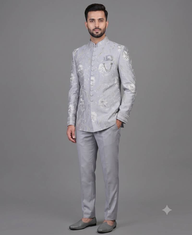 Powder blue floral embroidered bandhgala suit for men