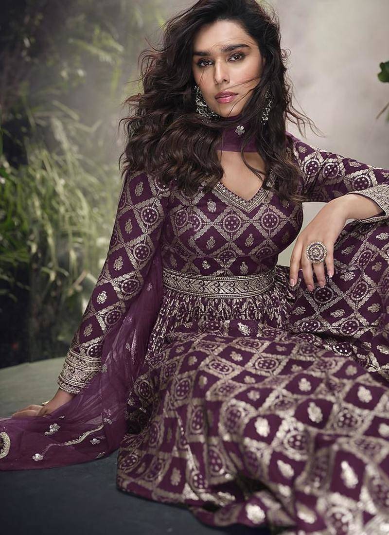 Wine viscose jacquard silk readymade gown with embroidered net dupatta