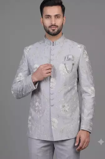 Powder blue floral embroidered bandhgala suit for men