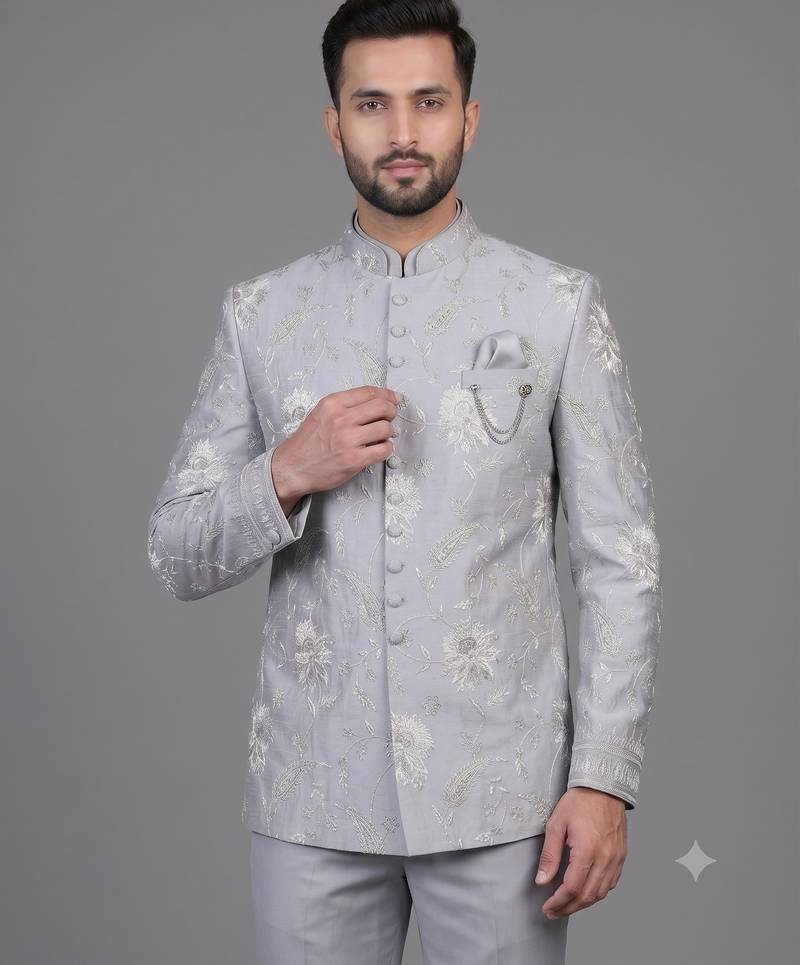 Powder blue floral embroidered bandhgala suit for men