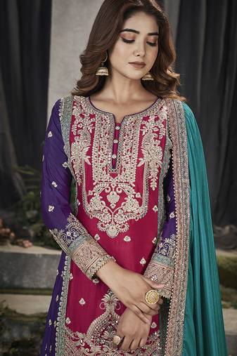 Rani pink color chinon embroidered readymade salwar kameez