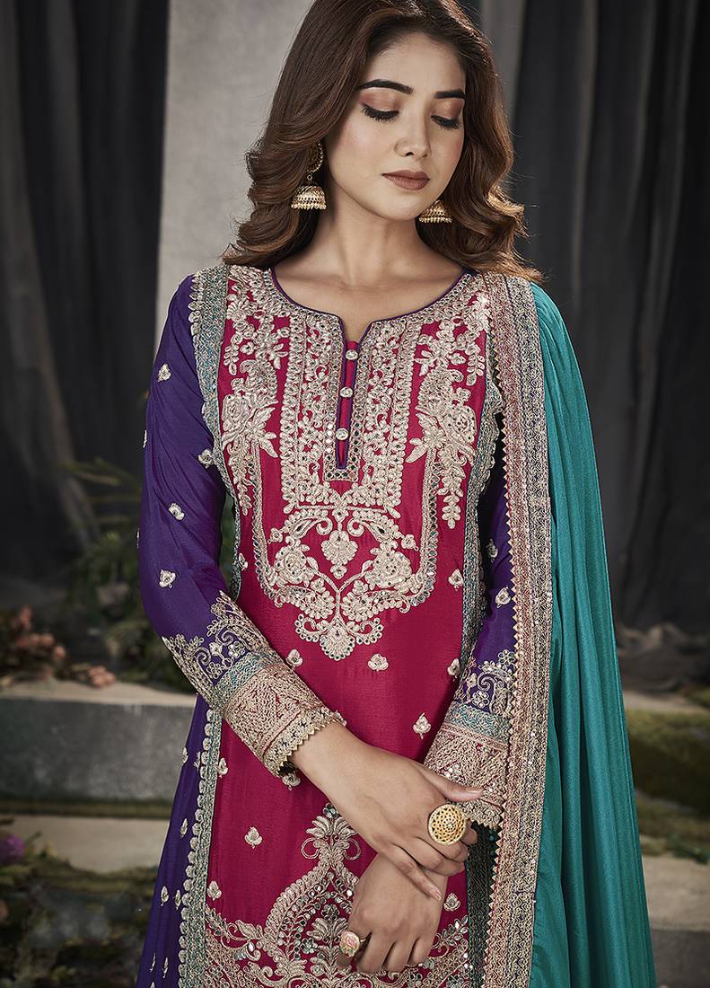 Rani pink color chinon embroidered readymade salwar kameez