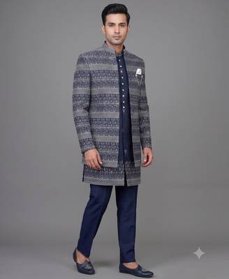 Navy blue jacquard open indowestern suit for men 1