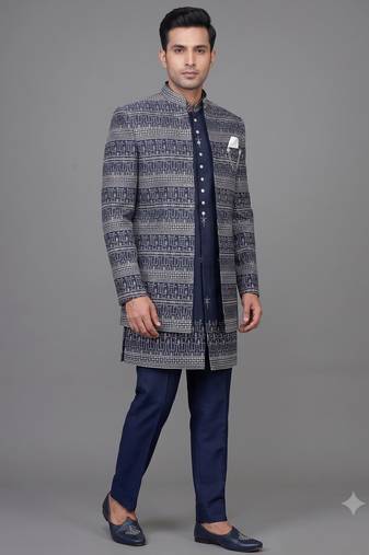 Navy blue jacquard open indowestern suit for men