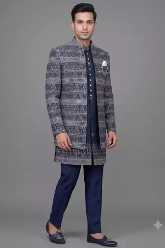Navy blue jacquard open indowestern suit for men