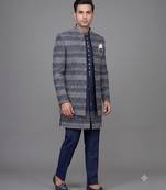 Navy blue jacquard open indowestern suit for men