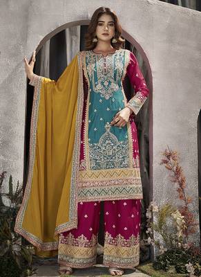 Turquoise color chinon embroidered readymade salwar kameez 1