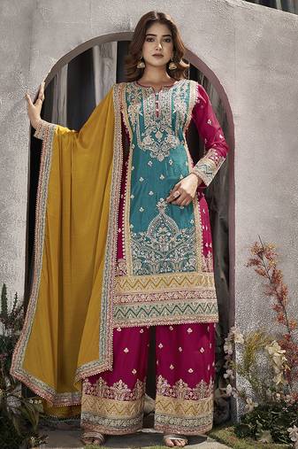 Turquoise color chinon embroidered readymade salwar kameez