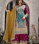 Turquoise color chinon embroidered readymade salwar kameez