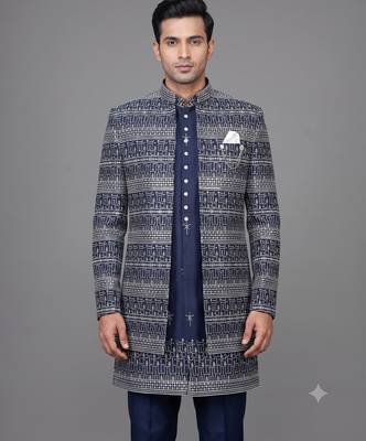 Navy blue jacquard open indowestern suit for men 2