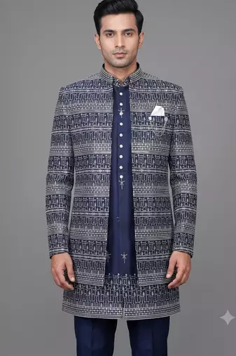 Navy blue jacquard open indowestern suit for men