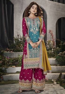 Turquoise color chinon embroidered readymade salwar kameez 2