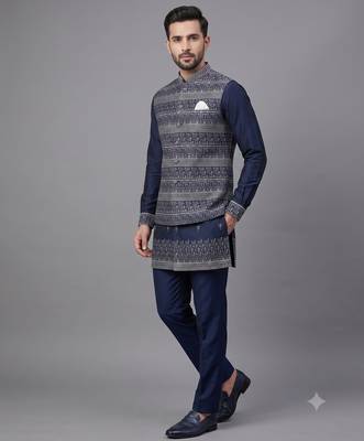 Navy blue jacquard nehru jacket for men 1