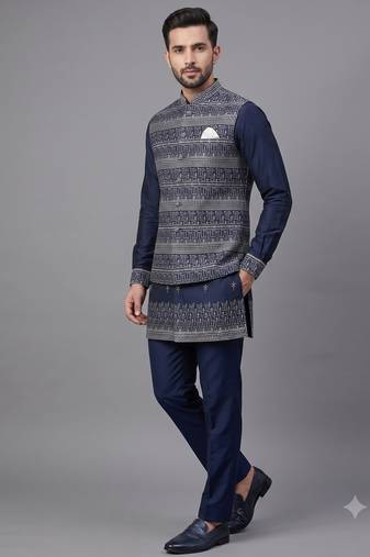 Navy blue jacquard nehru jacket for men
