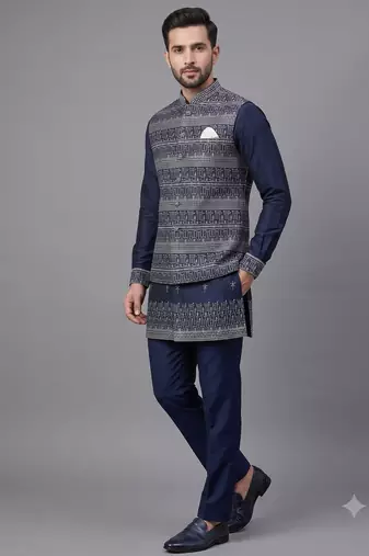 Navy blue jacquard nehru jacket for men