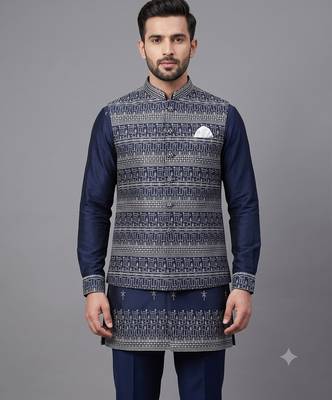 Navy blue jacquard nehru jacket for men 2
