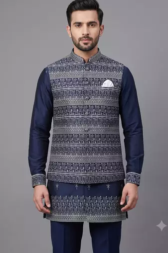 Navy blue jacquard nehru jacket for men