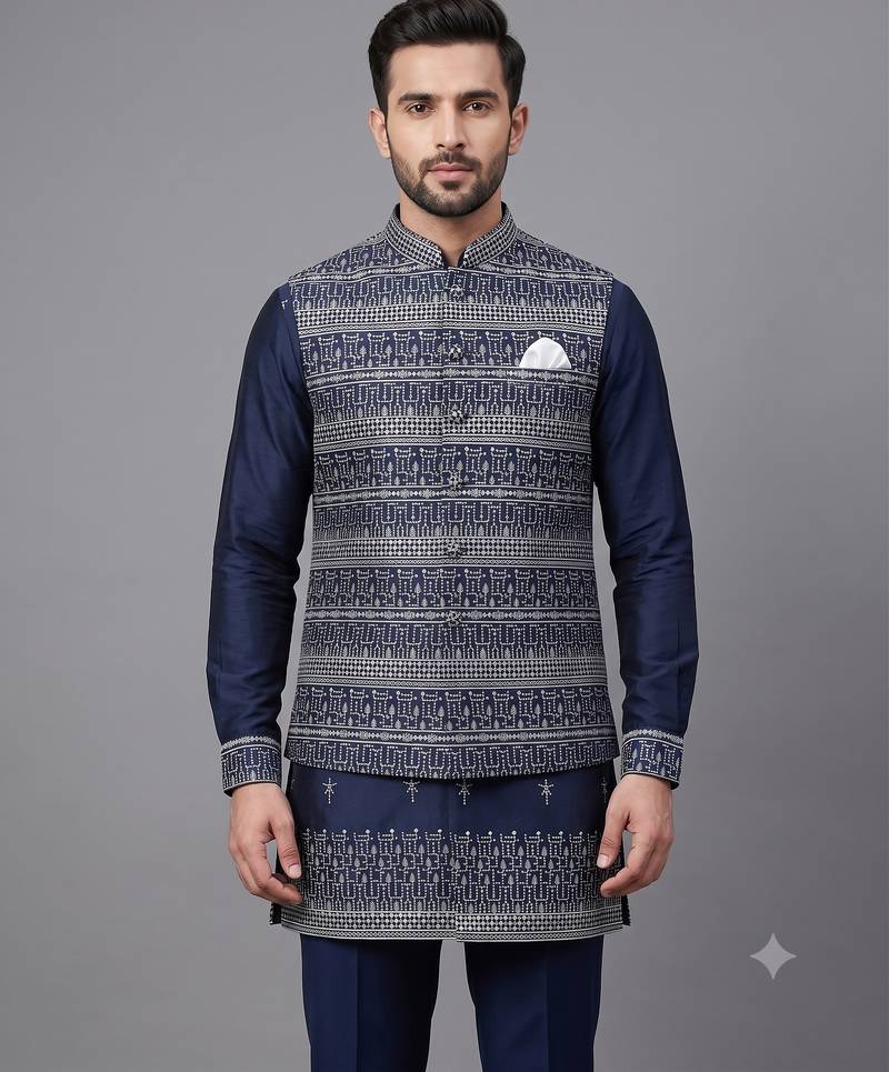 Navy blue jacquard nehru jacket for men