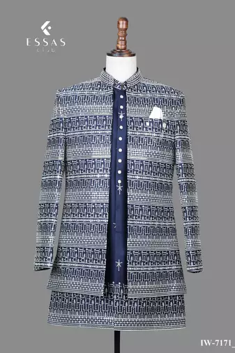 Navy blue jacquard nehru jacket for men