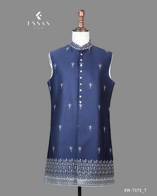 Navy blue jacquard nehru jacket for men 4