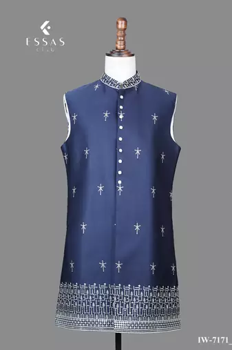 Navy blue jacquard nehru jacket for men