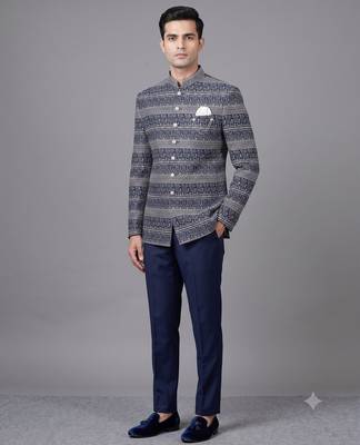 Navy blue jacquard bandhgala suit for men 1