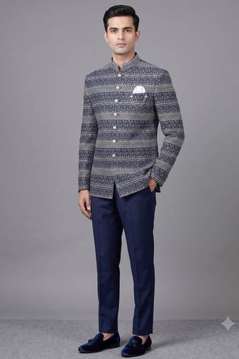 Navy blue jacquard bandhgala suit for men