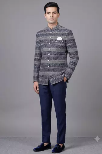 Navy blue jacquard bandhgala suit for men