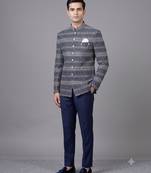 Navy blue jacquard bandhgala suit for men