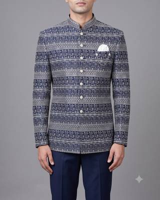 Navy blue jacquard nawabi suit for men 1