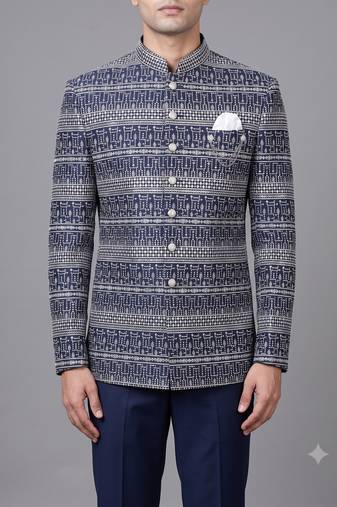 Navy blue jacquard nawabi suit for men