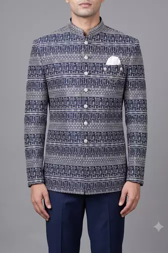 Navy blue jacquard nawabi suit for men
