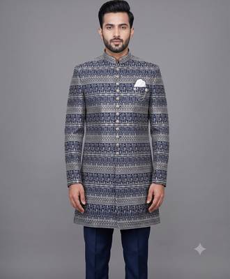 Navy blue jacquard nawabi suit for men 2
